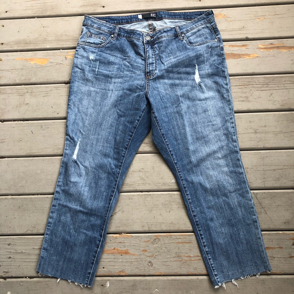 NWT Kit From the Kloth Distressed Cropped Jeans Dark Wash Raw Hem 20W